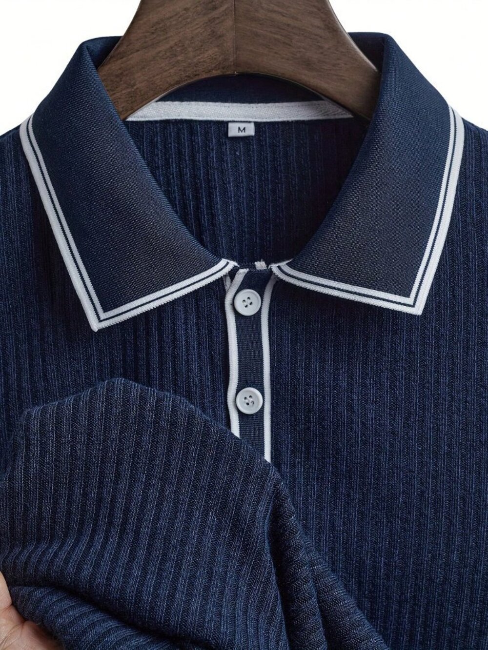 Navy Blue Casual Men's Textured Pattern Regular Fit Polo Shirt - Picture 5 of 5